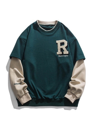 Wiaofellas Vintage Flocked Letter Fake Two Patchwork Hoodie Pullover Harajuku Sweatshirts Men Hip Hop Streetwear Loose Casual Tops